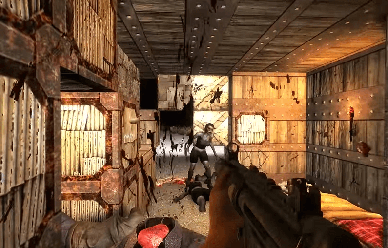 a screenshot of the game  7 days to die, that shows a zombie running at the main character, who holds a gun