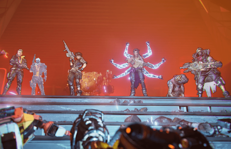 a screenshot of the game  Borderlands 3 that depicts multiple characters with weapons atop a platform