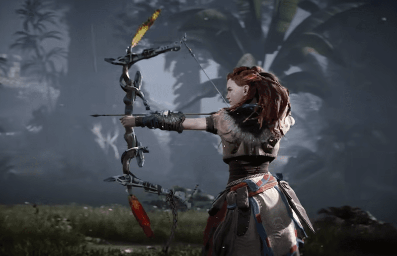 a screenshot of the game  Horizon Zero Dawn that shows Aloy drawing her bow and arrow in a dark forest