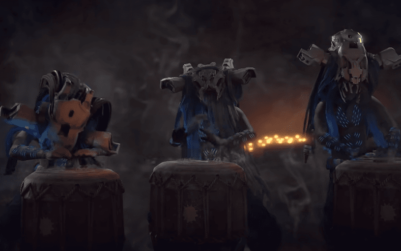 a screenshot of the game  Horizon Zero Dawn that shows three characters wearing animal skulls and machinery playing the drums