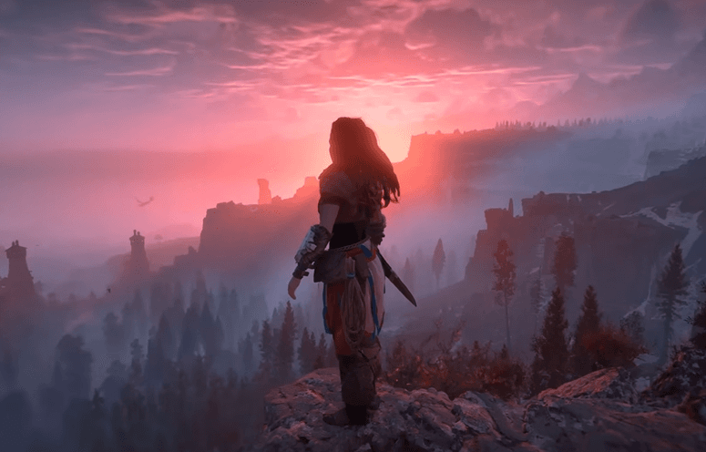 a screenshot of the game  Horizon Zero Dawn that shows Aloy standing over a forest during a pink and purple sunset. A winged machine flies in the distance