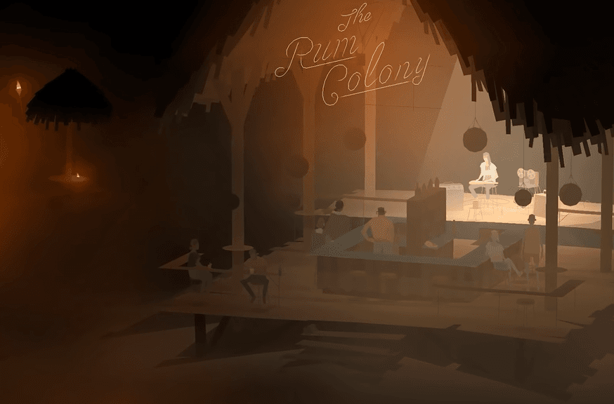 a screenshot of the game  Kentucky Route Zero which depicts an outdoor bar with low ambient lighting