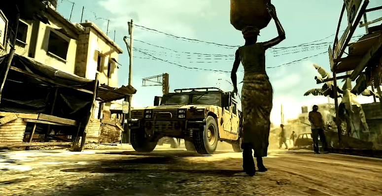 a screenshot of the game Resident Evil 5 that shows an African village with a truck and a woman carrying a basket on her head beside it