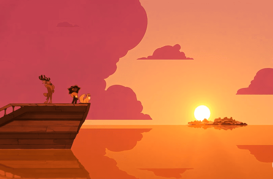 a screenshot of the game Spiritfarer, in which a girl and deer are standing on a ship before a sunset