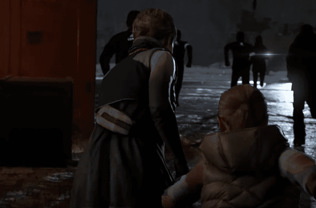 a screenshot of the game Detroit Become Human that shows multiple characters running across a dark sidewalk