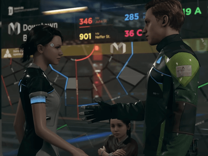 a screenshot of the game Detroit Become Human that shows two androids shaking hands. A girl sits between them in the background