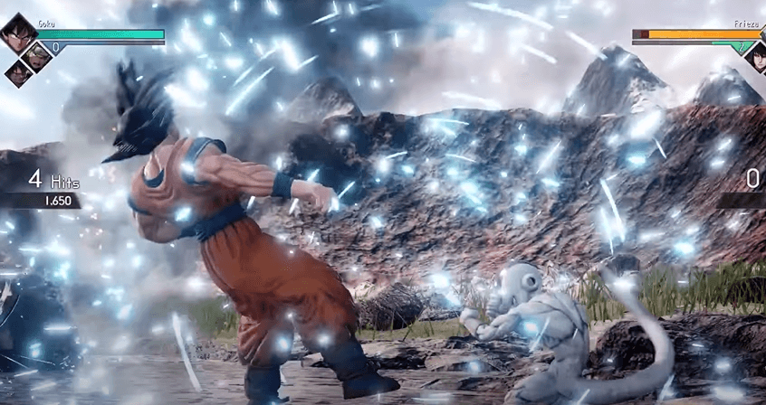 A screenshot of the game depicting two characters fighting, Blue lights surround the air