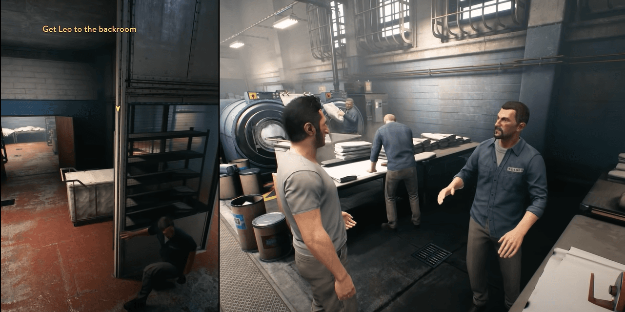 A screenshot of a split-screen game depicting a character talking, and another character crouching behind some furniture