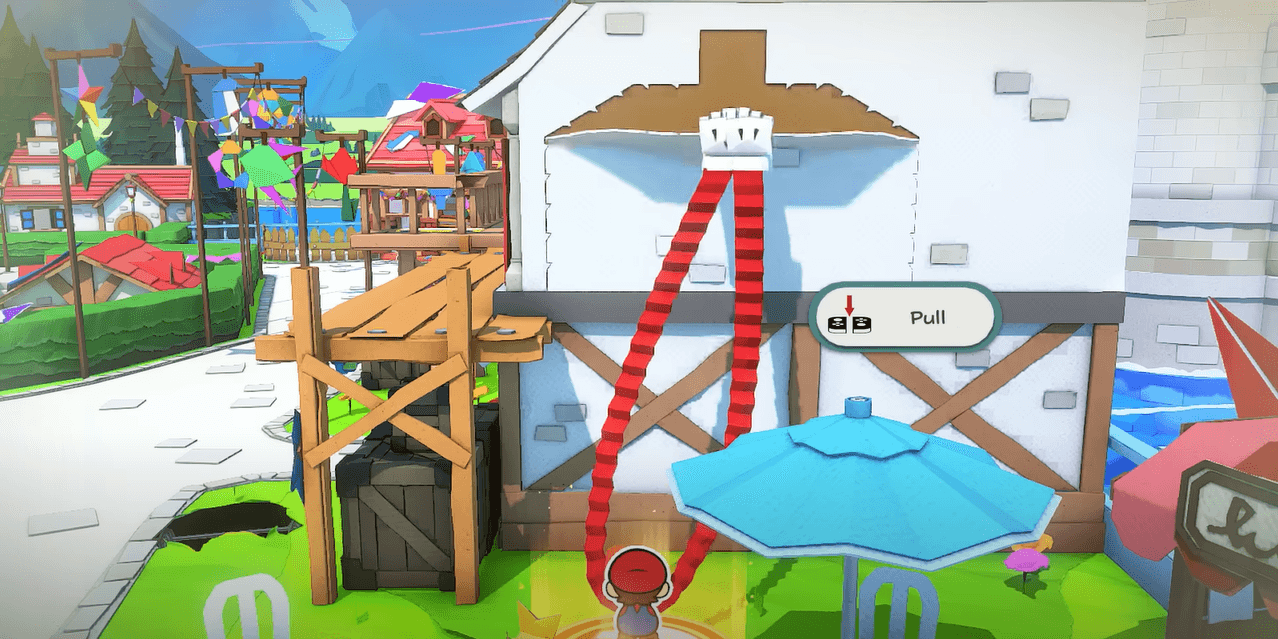 A screenshot of the game depicting paper mario with long, origami arms reaching for a platform