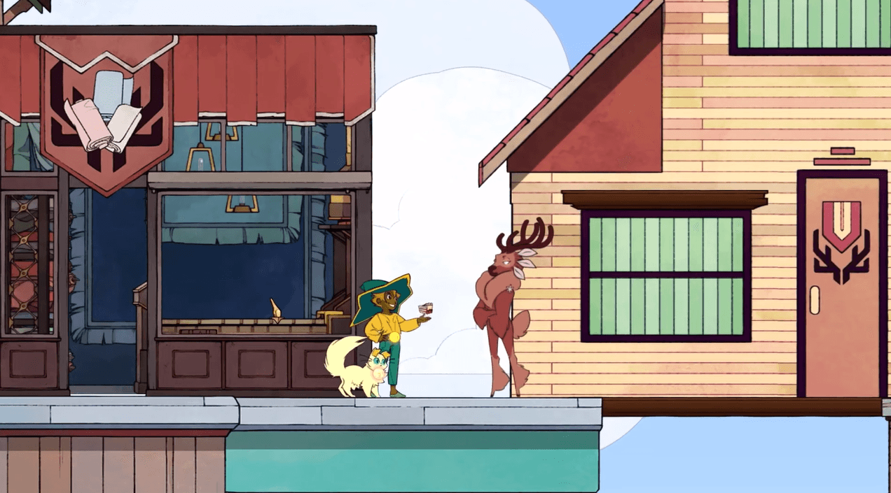 A screenshot of the game depicting a female character, a white cat, and a deer standing together