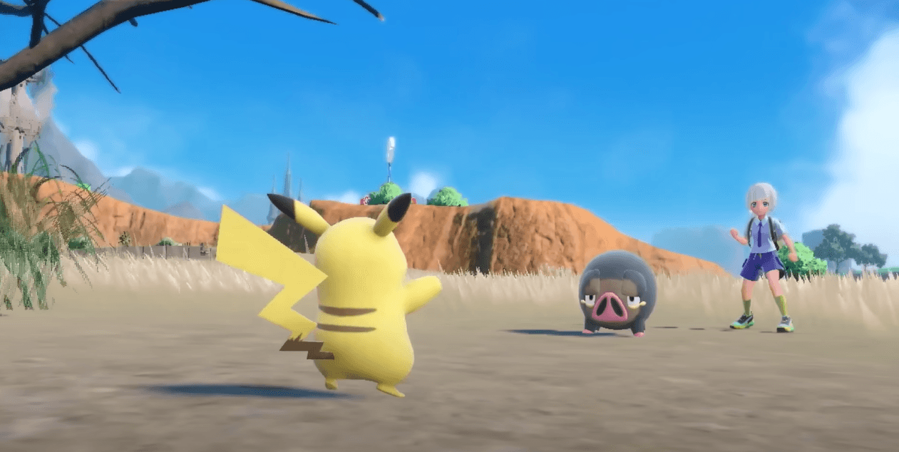 A screenshot of the game depicting Pikachu fighting another pokemon and their trainer