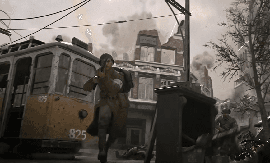 a screenshot of gameplay showing a soldier with  gun running through a city