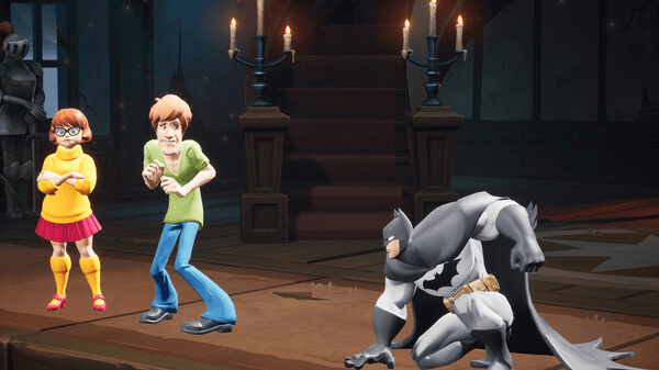 a screenshot of gameplay showing the characters Velma and Shaggy from Scooby Doo, cowering from Batman