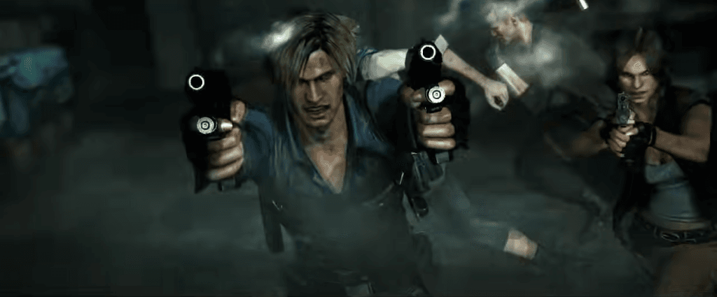 a screenshot of a game showing two characters holding guns up