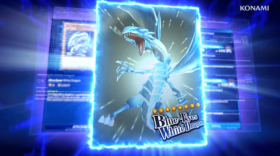 A screenshot of gameplay showing blue eyes white dragon